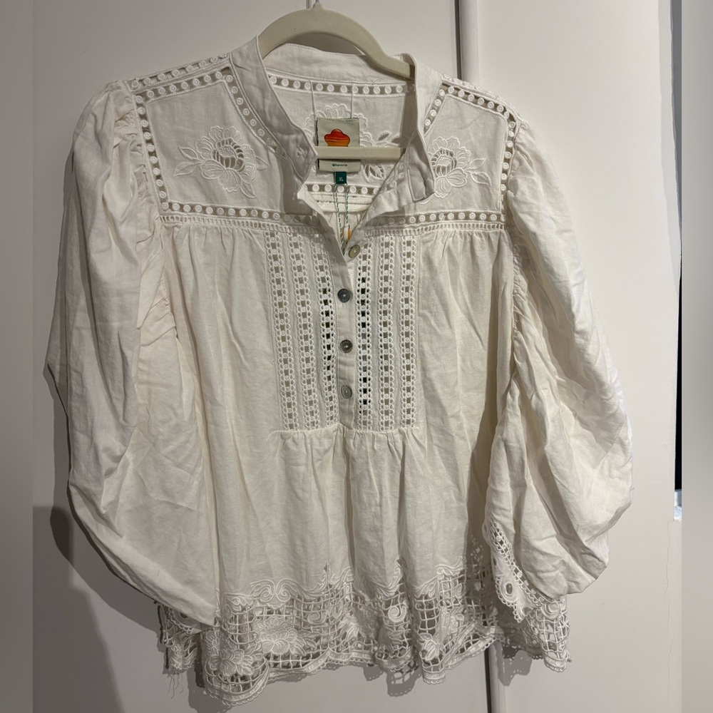FARM Rio White Embroidered Cotton Peasant Blouse